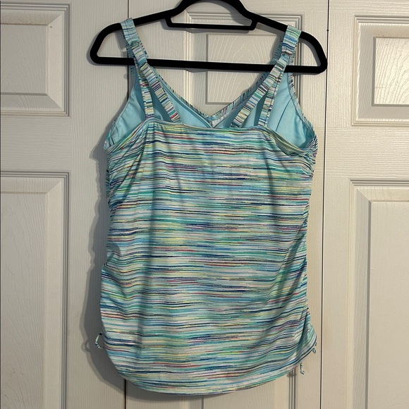 LANDS' END Striped Tankini Bathing Suit Top Cinched 14DD Aqua Adjustable Bra - Picture 5 of 8
